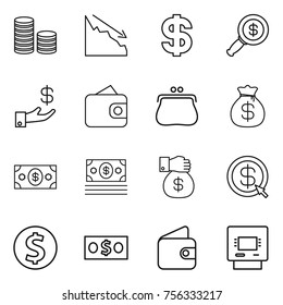 Thin line icon set : coin stack, crisis, dollar, magnifier, investment, wallet, purse, money bag, gift, arrow, atm
