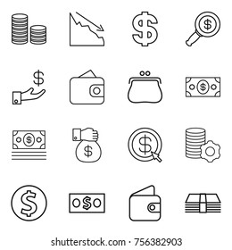Thin line icon set : coin stack, crisis, dollar, magnifier, investment, wallet, purse, money, gift, arrow, virtual mining