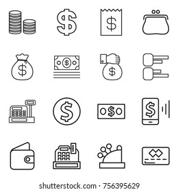 Thin line icon set : coin stack, dollar, receipt, purse, money bag, gift, diagram, cashbox, mobile pay, wallet, credit card