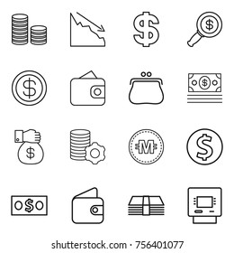 Thin line icon set : coin stack, crisis, dollar, magnifier, wallet, purse, money, gift, virtual mining, crypto currency, atm