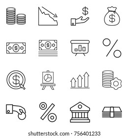 Thin line icon set : coin stack, crisis, investment, money bag, presentation, percent, dollar arrow, graph up, virtual mining, hand, library