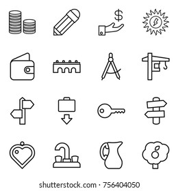 Thin line icon set : coin stack, pencil, investment, sun power, wallet, bridge, draw compass, tower crane, signpost, baggage get, key, heart pendant, water tap, jug, garden