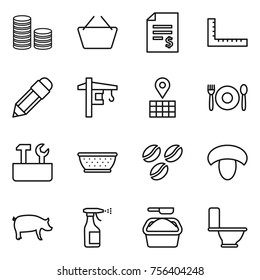 Thin line icon set : coin stack, basket, account balance, ruler, pencil, tower crane, map, cafe, repair tools, colander, coffee seeds, mushroom, pig, sprayer, washing powder, toilet