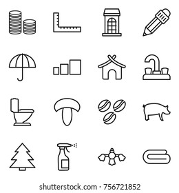 Thin line icon set : coin stack, ruler, building, pencil, dry cargo, sorting, bungalow, water tap, toilet, mushroom, coffee seeds, pig, spruce, sprayer, hard reach place cleaning, towel