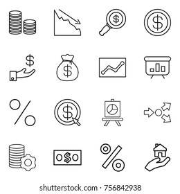 Thin line icon set : coin stack, crisis, dollar magnifier, investment, money bag, statistics, presentation, percent, arrow, core splitting, virtual mining, real estate