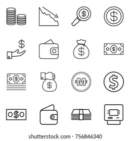 Thin line icon set : coin stack, crisis, dollar magnifier, investment, wallet, money bag, gift, crypto currency, atm