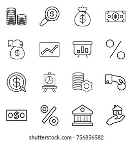 Thin line icon set : coin stack, dollar magnifier, money bag, gift, statistics, presentation, percent, arrow, virtual mining, hand, library, real estate