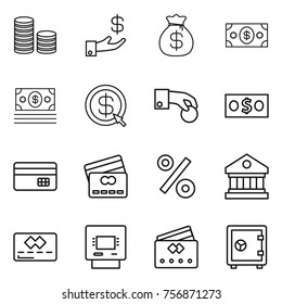 Thin line icon set : coin stack, investment, money bag, dollar arrow, hand, credit card, percent, library, atm, safe
