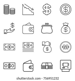 Thin line icon set : coin stack, crisis, dollar, investment, wallet, purse, money bag, gift, crypto currency, atm