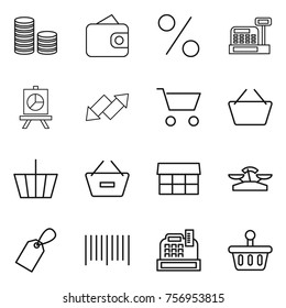 Thin line icon set : coin stack, wallet, percent, cashbox, presentation, up down arrow, cart, basket, remove from, market, scales, label, bar code