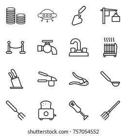 Thin line icon set : coin stack, ufo, construction, loading, vip fence, water tap, radiator, stands for knives, garlic clasp, walnut crack, ladle, big fork, toaster, blender