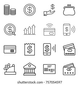 Thin line icon set : coin stack, dollar, investment, purse, arrow, graph up, tap to pay, phone, credit card, receipt, mobile, cashbox, library, invoice