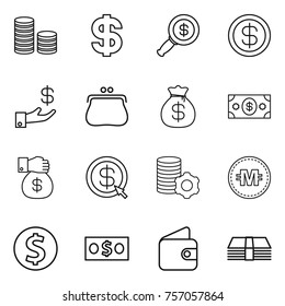 Thin line icon set : coin stack, dollar, magnifier, investment, purse, money bag, gift, arrow, virtual mining, crypto currency, wallet