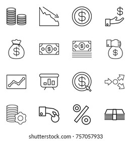 Thin line icon set : coin stack, crisis, dollar, investment, money bag, gift, statistics, presentation, arrow, core splitting, virtual mining, hand, percent