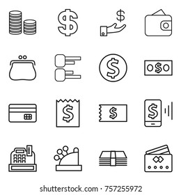 Thin line icon set : coin stack, dollar, investment, wallet, purse, diagram, money, credit card, receipt, mobile pay, cashbox