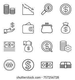Thin line icon set : coin stack, crisis, dollar magnifier, investment, wallet, purse, money bag, gift, arrow, virtual mining, crypto currency
