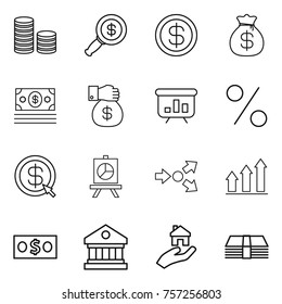 Thin line icon set : coin stack, dollar magnifier, money bag, gift, presentation, percent, arrow, core splitting, graph up, library, real estate