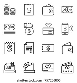 Thin line icon set : coin stack, receipt, wallet, money, gift, tap to pay, phone, account balance, cashbox, credit card