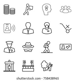 Thin line icon set : coin stack, courier, bulb head, group, pass card, client, support manager, do not trolley sign, security man, confidential, tourist, check in, detector, skysrcapers cleaning