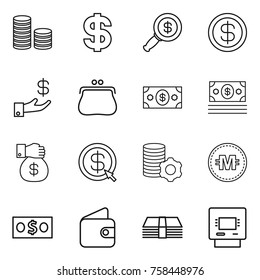 Thin line icon set : coin stack, dollar, magnifier, investment, purse, money, gift, arrow, virtual mining, crypto currency, wallet, atm