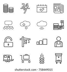 Thin line icon set : coin stack, 24 7, calendar, newspaper, structure, cloude service, cloud wireless, mall, unlock, tower crane, sorting, workman, trailer, baggage trolley, spikelets, hive