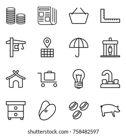 Thin line icon set : coin stack, newspaper, basket, ruler, tower crane, map, dry cargo, detector, bungalow, baggage trolley, bulb, water tap, nightstand, beans, coffee seeds, pig