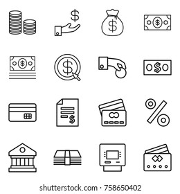 Thin line icon set : coin stack, investment, money bag, dollar arrow, hand, credit card, account balance, percent, library, atm