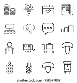 Thin line icon set : coin stack, 24 7, calendar, newspaper, structure, cloud service, sms, sorting, workman, trailer, baggage trolley, mushroom, spikelets, hive