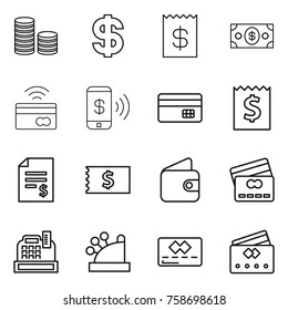 Thin line icon set : coin stack, dollar, receipt, money, tap to pay, phone, credit card, account balance, wallet, cashbox