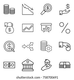 Thin line icon set : coin stack, crisis, dollar magnifier, investment, money gift, statistics, presentation, percent, arrow, core splitting, virtual mining, hand, library, real estate