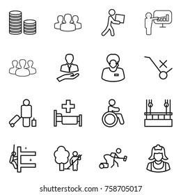 Thin line icon set : coin stack, group, courier, presentation, client, support manager, do not trolley sign, passenger, hospital, invalid, skysrcapers cleaning, skyscrapers, garden, vacuum cleaner
