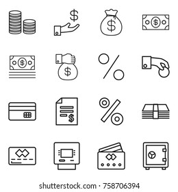 Thin line icon set : coin stack, investment, money bag, gift, percent, hand, credit card, account balance, atm, safe