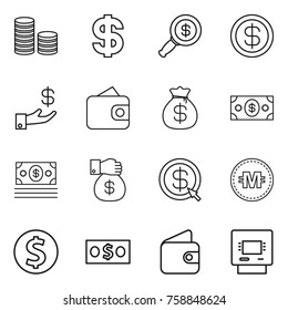 Thin line icon set : coin stack, dollar, magnifier, investment, wallet, money bag, gift, arrow, crypto currency, atm
