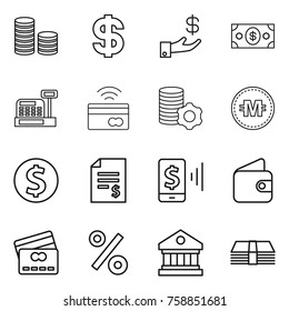 Thin line icon set : coin stack, dollar, investment, money, cashbox, tap to pay, virtual mining, crypto currency, account balance, mobile, wallet, credit card, percent, library