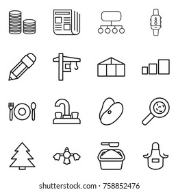 Thin line icon set : coin stack, newspaper, structure, smart watch, pencil, tower crane, greenhouse, sorting, cafe, water tap, beans, viruses, spruce, hard reach place cleaning, washing powder
