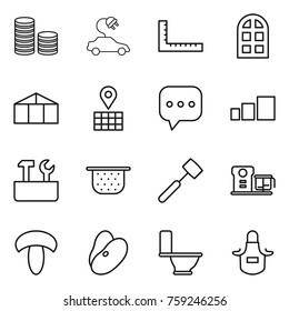 Thin line icon set : coin stack, electric car, ruler, arch window, greenhouse, map, sms, sorting, repair tools, colander, meat hammer, food processor, mushroom, beans, toilet, apron
