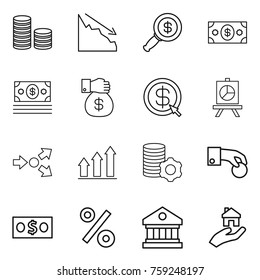 Thin line icon set : coin stack, crisis, dollar magnifier, money, gift, arrow, presentation, core splitting, graph up, virtual mining, hand, percent, library, real estate