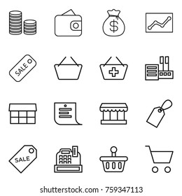 Thin line icon set : coin stack, wallet, money bag, statistics, sale, basket, add to, store, market, shopping list, label, cashbox, cart