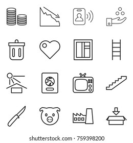 Thin line icon set : coin stack, crisis, pass card, chemical industry, bin, heart, window, stairs, sun potection, passport, tv, knife, pig, factory, package