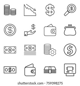 Thin line icon set : coin stack, crisis, dollar, magnifier, investment, wallet, purse, money, virtual mining, atm