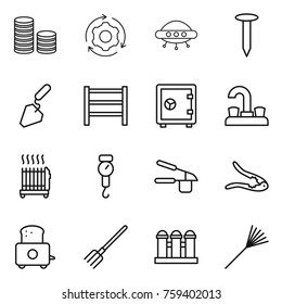 Thin line icon set : coin stack, around gear, ufo, nail, construction, rack, safe, water tap, radiator, handle scales, garlic clasp, walnut crack, toaster, fork, grain elevator, rake