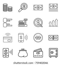 Thin line icon set : coin stack, dollar magnifier, money, diagram, cashbox, arrow, graph up, tap to pay, phone, crypto currency, mobile, purse, credit card, safe