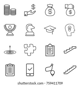 Thin line icon set : coin stack, investment, money bag, gift, trophy, chess horse, graduate hat, bulb head, target, puzzle, clipboard, stairs, mobile checking, golf