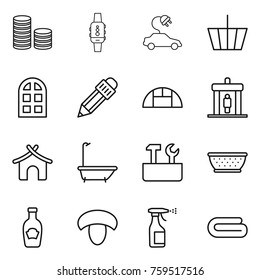 Thin line icon set : coin stack, smart watch, electric car, basket, arch window, pencil, greenhouse, detector, bungalow, bath, repair tools, colander, ketchup, mushroom, sprayer, towel
