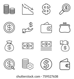 Thin line icon set : coin stack, crisis, dollar, magnifier, investment, wallet, purse, money bag, gift, arrow, virtual mining