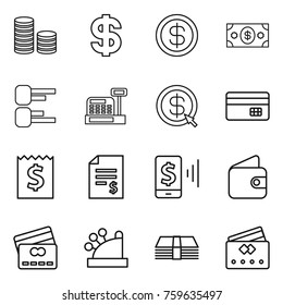 Thin line icon set : coin stack, dollar, money, diagram, cashbox, arrow, credit card, receipt, account balance, mobile pay, wallet