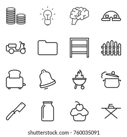 Thin line icon set : coin stack, bulb, brain, dome house, scooter shipping, documents, rack, fence, toaster, bell, bbq, steam pan, chef knife, bank, cupcake, iron board