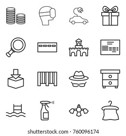 Thin line icon set : coin stack, virtual mask, electric car, gift, magnifier, bunker, fort, invoice, package, bar code, confidential, nightstand, pool, sprayer, hard reach place cleaning, hanger