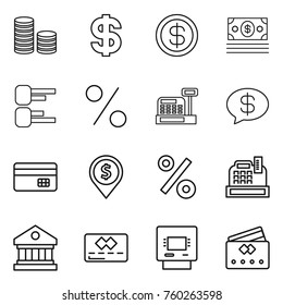Thin line icon set : coin stack, dollar, money, diagram, percent, cashbox, message, credit card, pin, library, atm