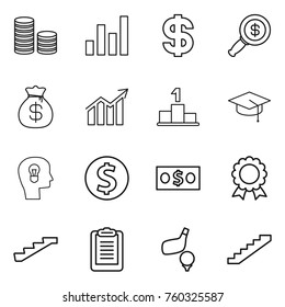 Thin line icon set : coin stack, graph, dollar, magnifier, money bag, diagram, pedestal, graduate hat, bulb head, medal, stairs, clipboard, golf